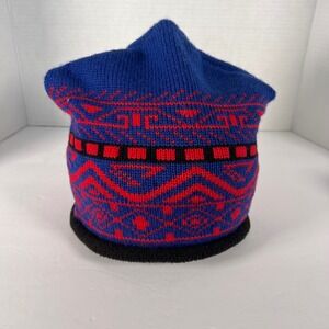 VERBIER vintage Blue Red Nordic Fair Isle Knit Beanie Hat Canada Made ski
